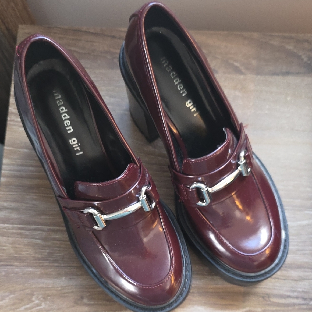 Madden Girl Burgundy Patent Loafers with Silver Bit